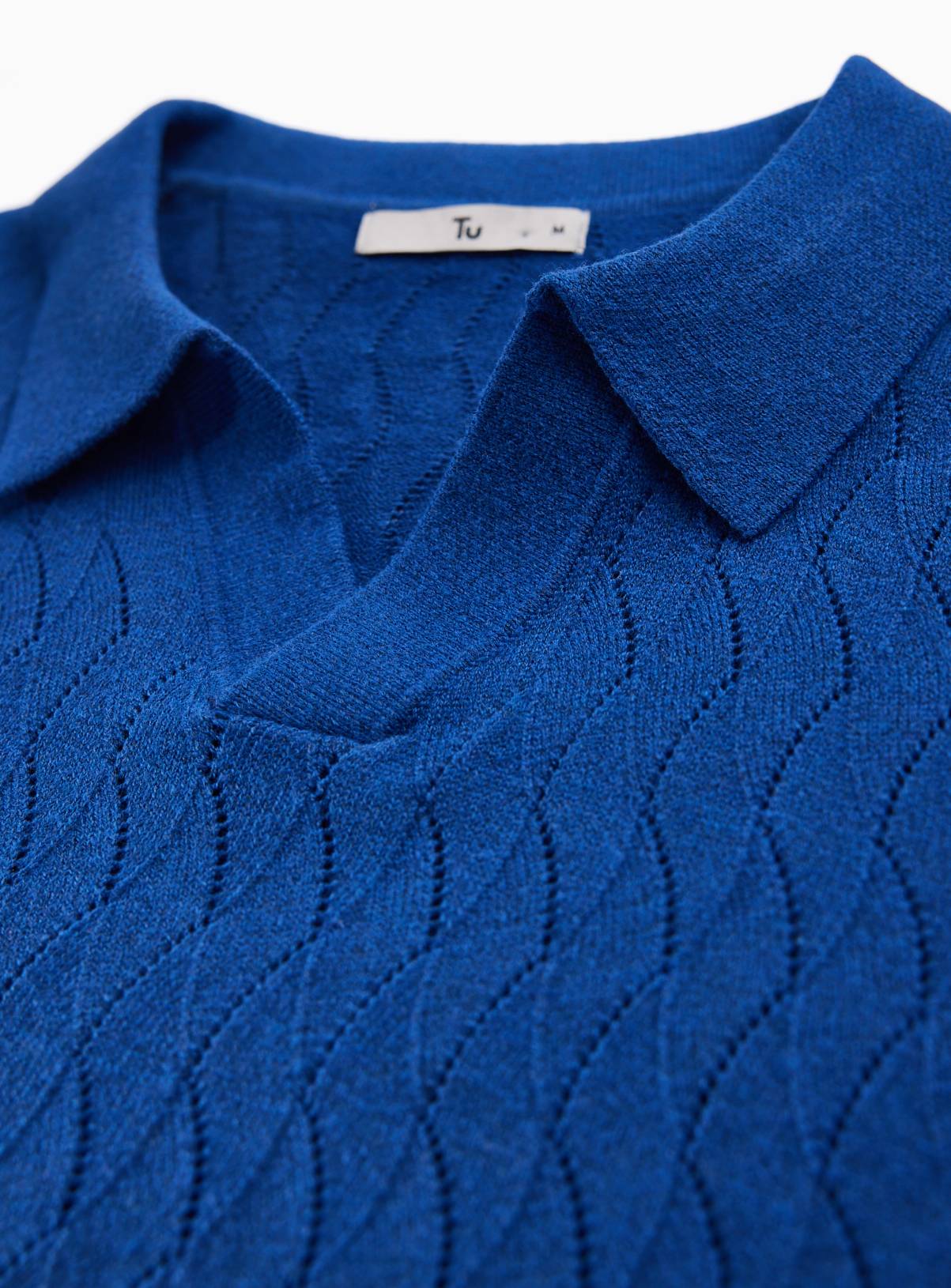 Blue Textured Pointelle Revere Neck Polo Shirt XXL - Image 3